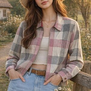 Red, Black and White Plaid Zip Up Collard Cottagecore 100% Cotton Jacket